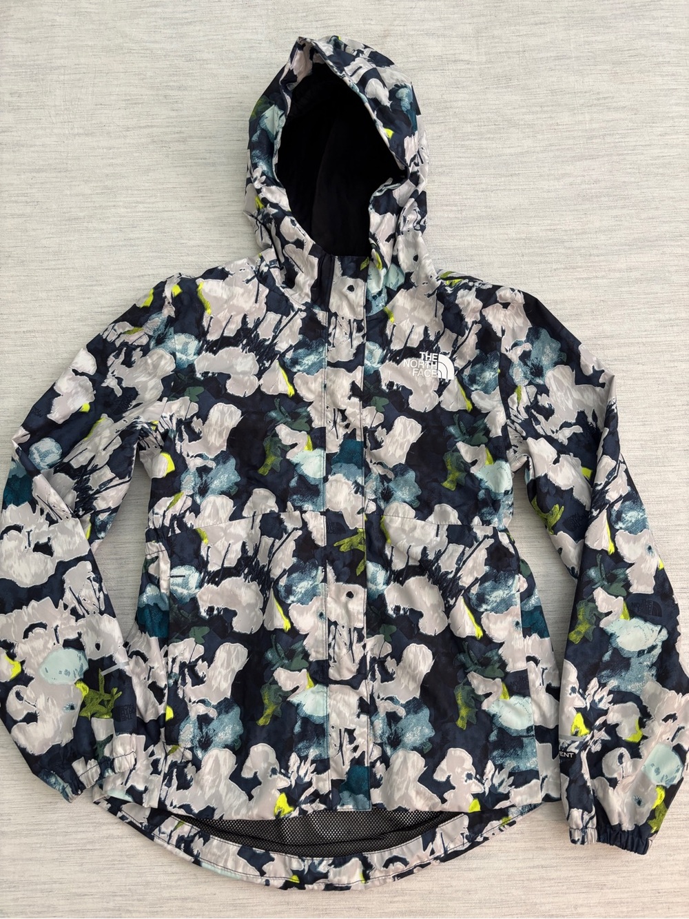 The North Face Navy Floral Print Hooded Shell with Teal & Neon Green Accents